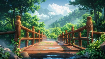 Obraz premium Cartoon Style Wooden Bridge Design