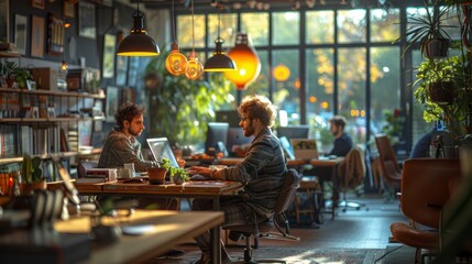 Obraz premium Two young business people working together in a modern co-working space