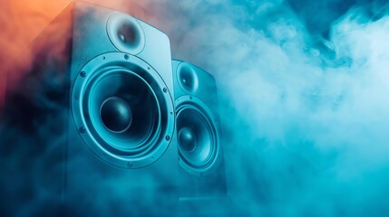 Two white speakers in a hazy blue and orange background.  The speakers are a symbol of music and entertainment.