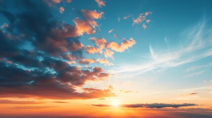 Naklejka premium Vibrant sunset sky with fluffy clouds and golden light.