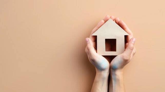 Two hands gently holding a small wooden house model against a beige background.