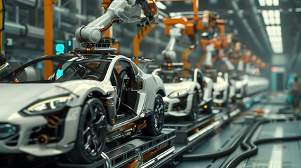 Fototapeta premium Robotic Arms Assemble Sports Cars on Automated Assembly Line in High-Tech Factory