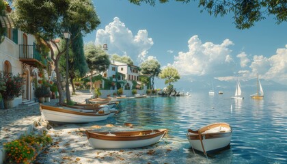 Obraz premium Coastal village with boats and calm sea picturesque summer escape travel