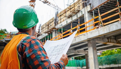 A construction worker in a hard hat and safety vest is in front of a building being constructed