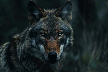Fototapeta premium Closeup of a wolf's face with penetrating eyes amidst dark foliage