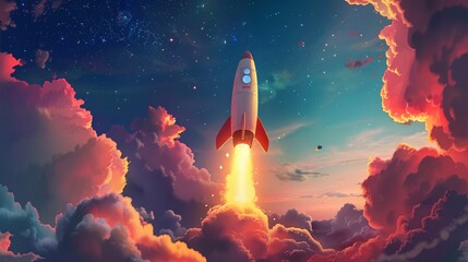 Obraz premium Rocket ship, simplified form, SVG, taking off, adventure beyond the stars