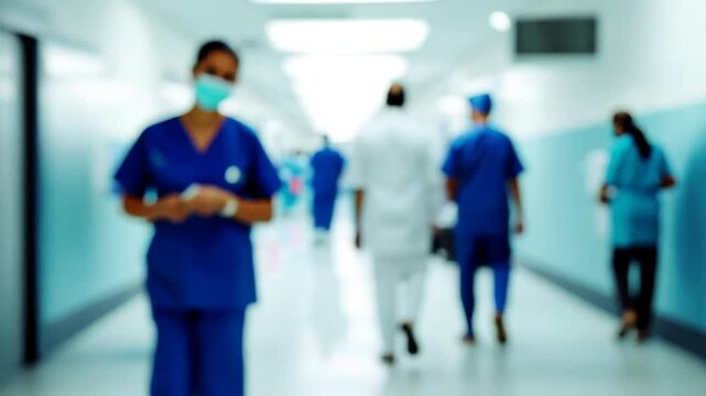 abstract blurred image of doctor and patient people in hospital interior or clinic corridor for background,