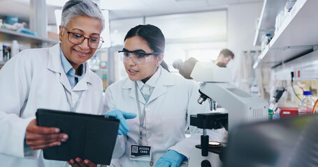 Science, team and tablet in lab for research, vaccine development or online feedback. Women,...