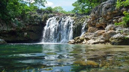 Fototapeta premium A serene waterfall cascading down a rocky cliff inviting visitors to take a dip in its refreshing waters..
