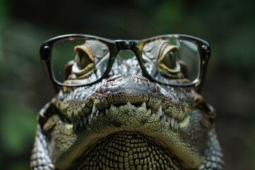 Fototapeta premium Stylish and quirky crocodile wearing trendy glasses with a humorous and comical expression, showcasing its unique and contemporary fashion sense in a closeup portrait