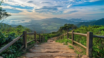 A scenic viewpoint at the top of a hill rewarding hikers with sweeping views of the surrounding landscapes and a sense of accomplishment..