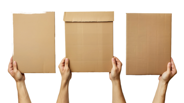 Posters of cardboard in his hands. Isolated on white. Set. Copy space.