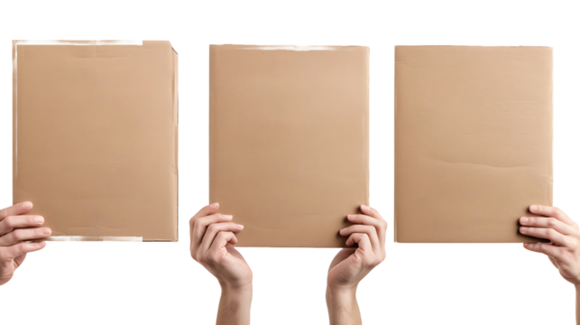Posters of cardboard in his hands. Isolated on white. Set. Copy space.