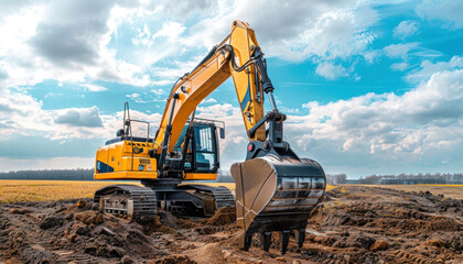Obraz premium A yellow excavator is digging a hole in a field of soil during a construction event