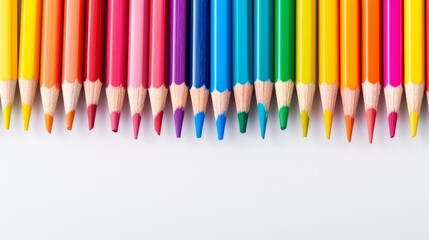 Array of colored pencils arranged in a rainbow pattern, sharpener and sketches in the background, emphasizing creativity and art