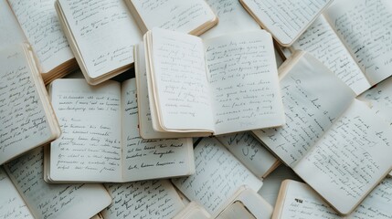 Obraz premium Artistic arrangement of notebooks with different covers, open pages showing detailed notes, emphasizing the beauty of handwritten journaling