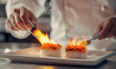 A sushi chef is searing two pieces of nigiri sushi with a kitchen torch.