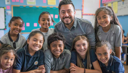 Obraz premium A group of children are happily posing for a picture with their teacher in a classroom setting