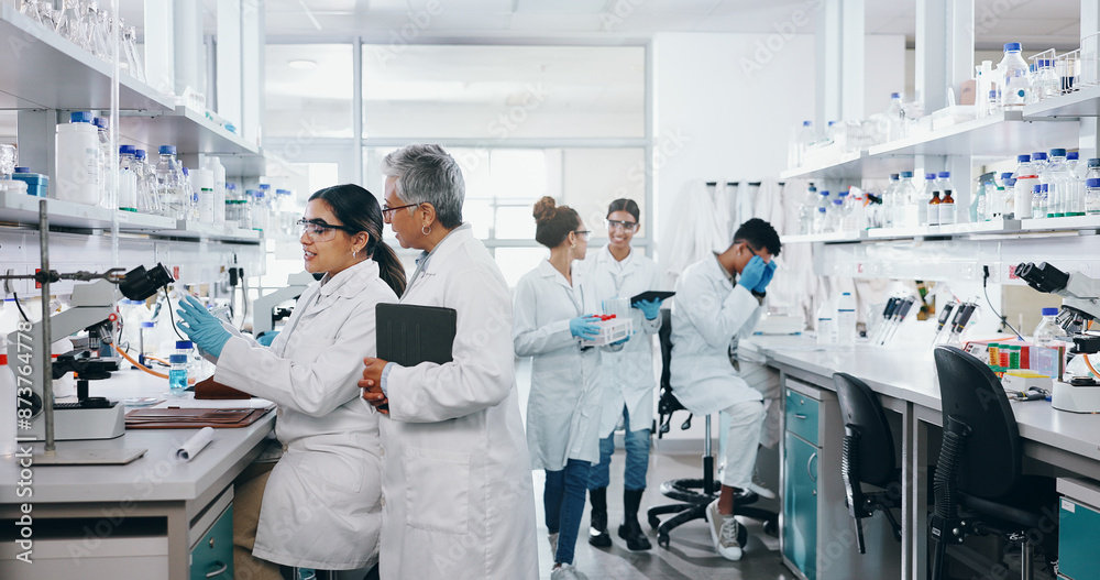 Poster experiment, science and group of people in laboratory for work on breakthrough, cure or development.