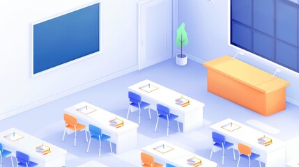 Busy classroom preparing for the new semester, teachers setting up desks, students eagerly organizing their supplies, festive atmosphere