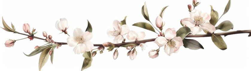 Naklejka premium Delicate branch with blooming white flowers and green leaves isolated on white background, perfect for spring and nature-themed designs.