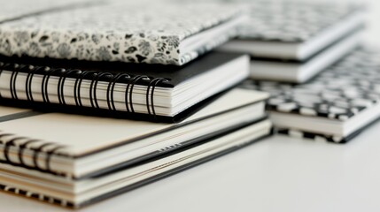 Artistic scene of multiple notebooks with detailed covers and spiral bindings, pages filled with diverse handwriting and notes, evoking creativity