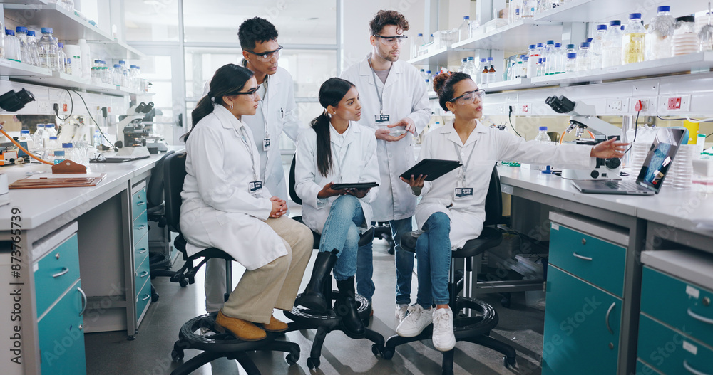 Sticker Laptop, science and group of people in laboratory for learning, cancer cure or medical development. Training, investigation and research with scientist team in clinical trial for medicine internship