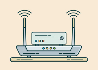 Modern wireless router with internet modem flat and line illustration design