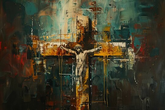 Vivid and colorful abstract crucifixion painting with modern art brush strokes and textured oil on canvas. Showcasing dramatic religious imagery and spiritual expressionism