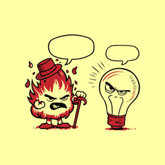 Angry fire man with broken light bulb and speech bubble. Vector illustration