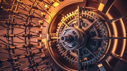 Fototapeta premium A mesmerizing, high-resolution close-up of an intricate mechanical commutator, meticulously designed and crafted. The heartof an elaborate system, it displays a complex arrangement of gears and metal 