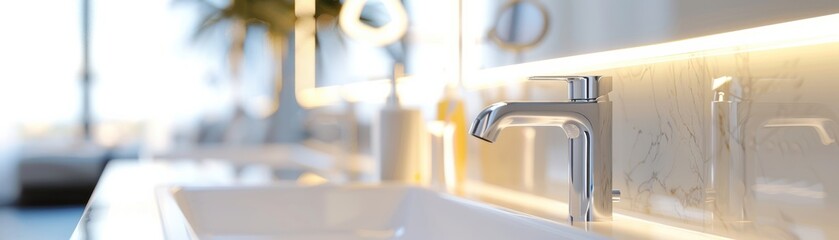 Modern bathroom sink with sleek faucet, illuminated by natural light. A minimalist and elegant design perfect for contemporary interiors.