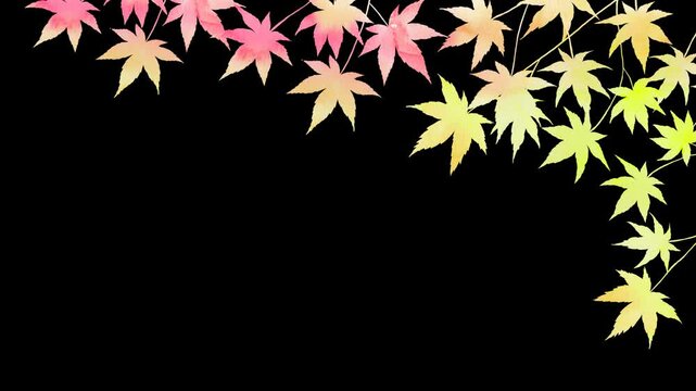 風に揺れる紅葉の&alpha;付きループアニメーション。水彩画を使用した秋らしい色鮮やかなフレーム。