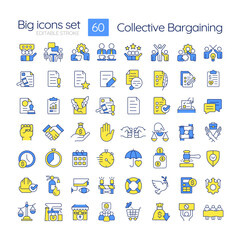 Collective bargaining RGB color icons set. Workers union, labor organization. Contract agreements, salary. Isolated vector illustrations. Simple filled line drawings collection. Editable stroke