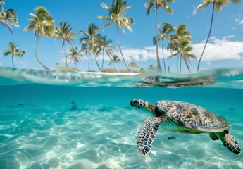 Obraz premium A sea turtle swims through crystal-clear water beneath a tropical island with palm trees.