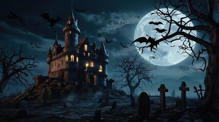 Fototapeta premium 3d illustration of castle with full moon and graveyard background
