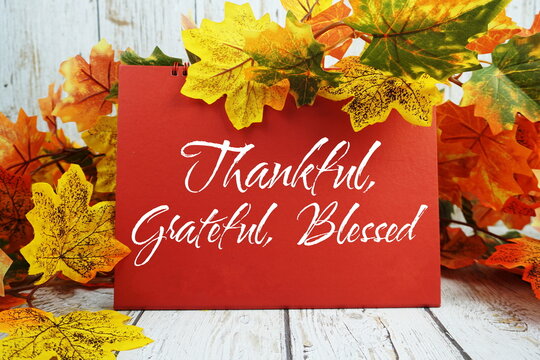 Thankful, grateful and blessed inspirational words  with maple leaf decoration