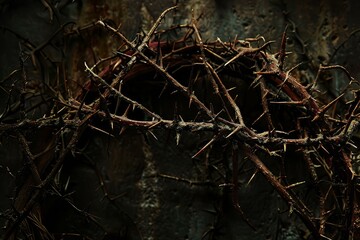 Closeup shot of sharp thorns on tangled branches against a dark backdrop