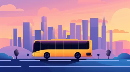 Creative illustration of a bus ride, yellow vehicle against a backdrop of colorful cityscape, highlighting transportation and daily commute