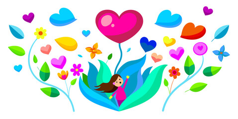 A colorful and whimsical scene of a girl surrounded by hearts and flowers. The girl holds a heart above her head with hearts and flowers scattered around her, creating a bright and playful atmosphere.