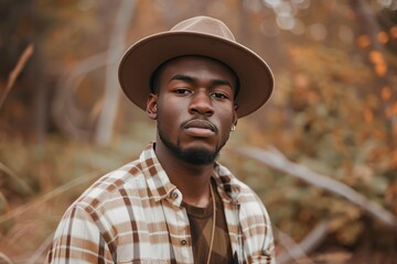 Man in brown and white plaid button up shirt wearing brown hat
