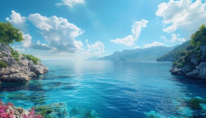 Fototapeta premium Tranquil sea horizon with distant islands serene summer view travel escape