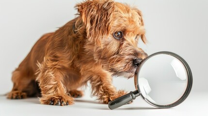 Norfolk Terrier examining with magnifying glass against white backdrop