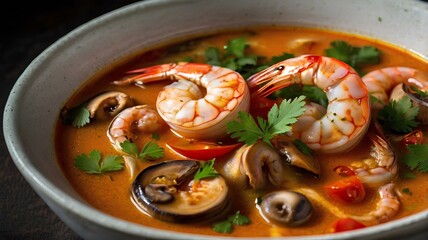 
A bowl of hot tom yum goong has a rich