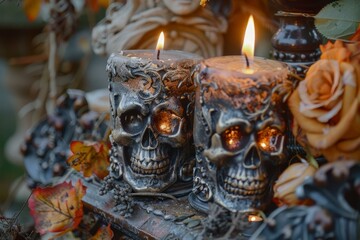 Two skullshaped candles illuminated alongside autumn leaves and roses