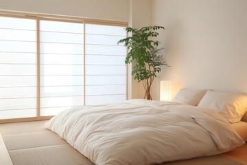 Serene Japanese-Style Bedroom with Tatami Flooring, Shoji Doors, and Futon Bed in Edo Period Ambiance