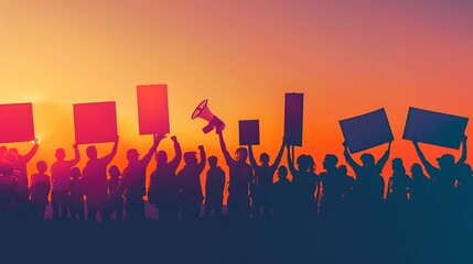 Vibrant sunset silhouette of a crowd with flags, symbolizing unity and protest