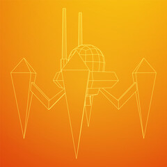 Spider robot with radar antenna. Nanobot, nanotechnology medical concept. Wireframe low poly mesh vector illustration