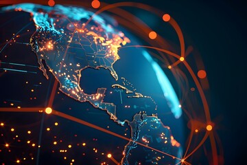 Digital world globe centered on America, concept of global network and connectivity on Earth, data transfer and cyber technology, information exchange and international telecommunication
