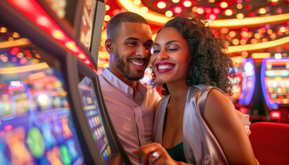 In a casino, a man and a woman are joyful while playing a slot machine together